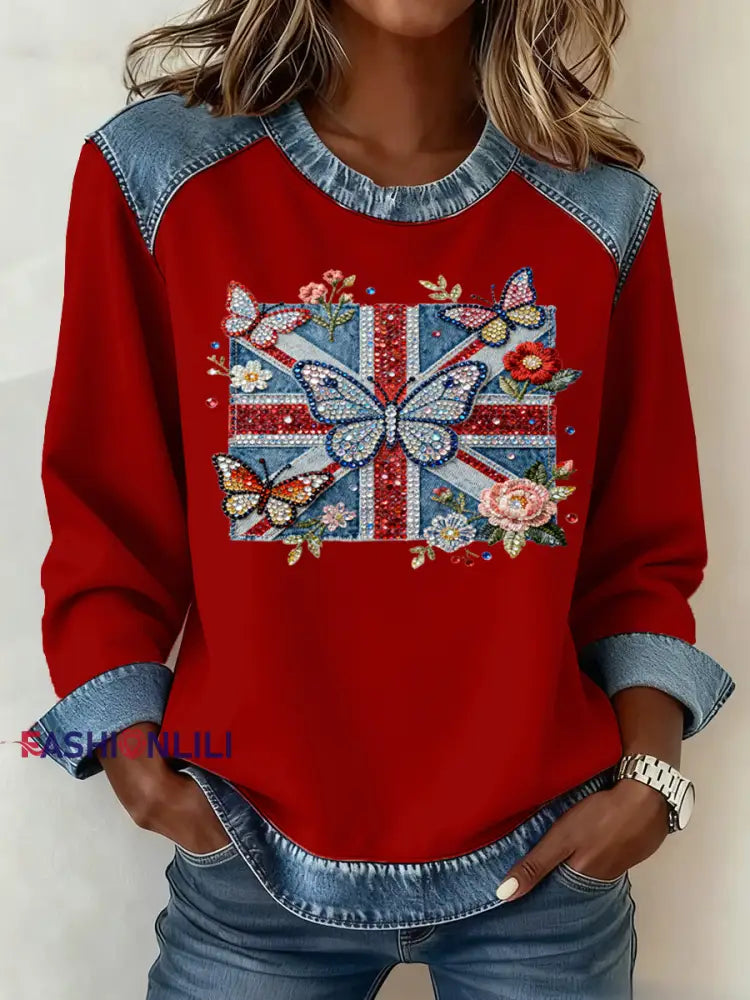 Women’s British Style Pattern Patchwork Art Sweatshirt Red / S