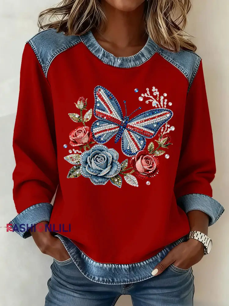 Women’s British Style Pattern Patchwork Art Sweatshirt Red / S