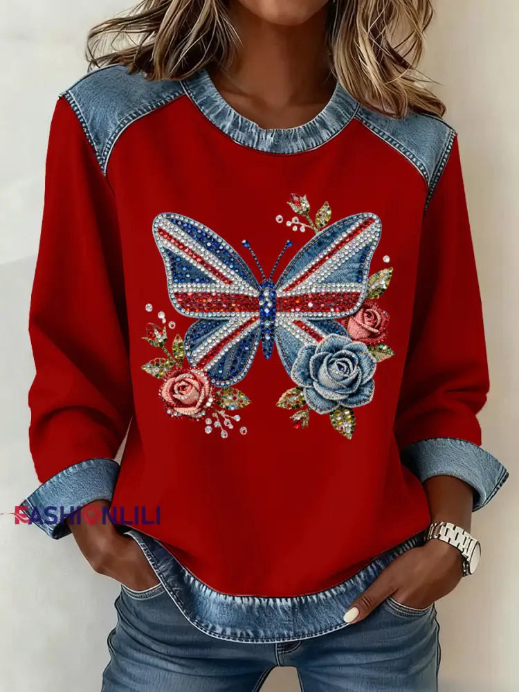 Women’s British Style Pattern Patchwork Art Sweatshirt Red / S