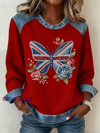 Women’s British Style Pattern Patchwork Art Sweatshirt Red / S
