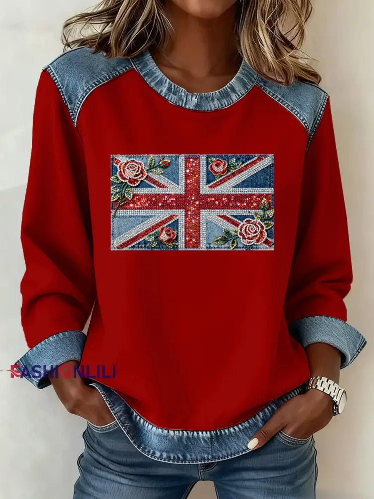 Women’s British Style Pattern Patchwork Art Sweatshirt Red / S