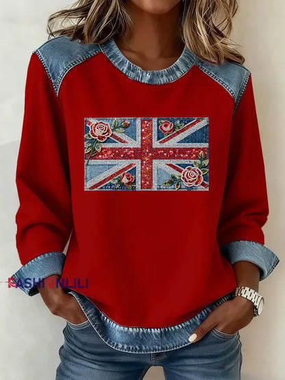 Women’s British Style Pattern Patchwork Art Sweatshirt Red / S