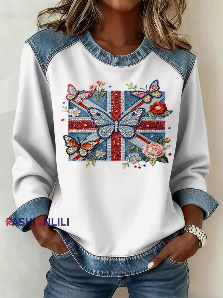 Women’s British Style Pattern Patchwork Art Sweatshirt White / S