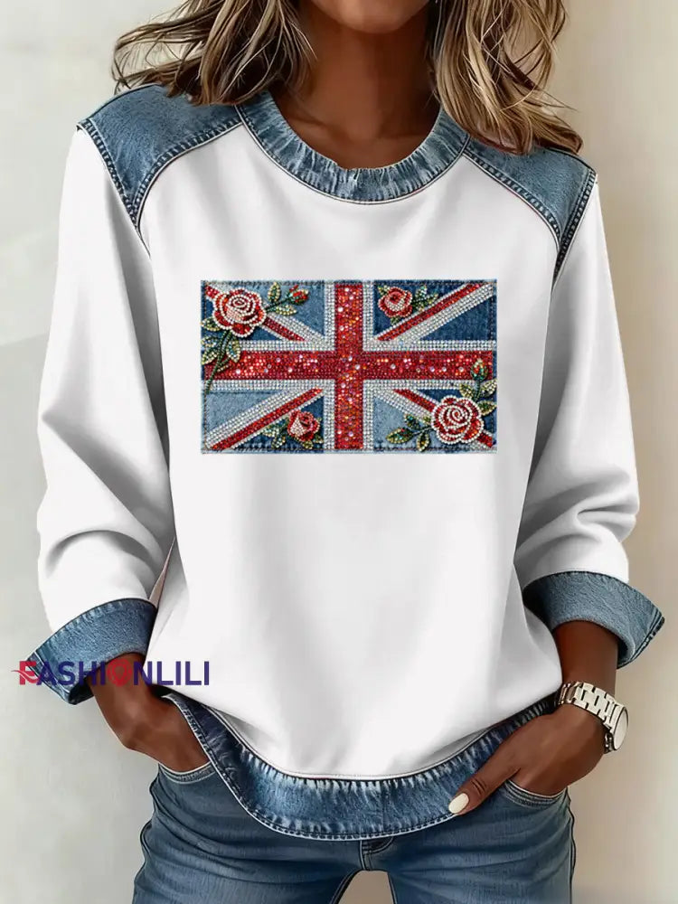 Women’s British Style Pattern Patchwork Art Sweatshirt White / S