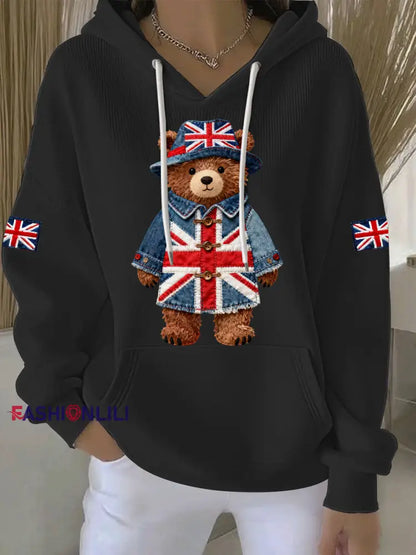 Women’s British style Print Casual Hoodie Black / S