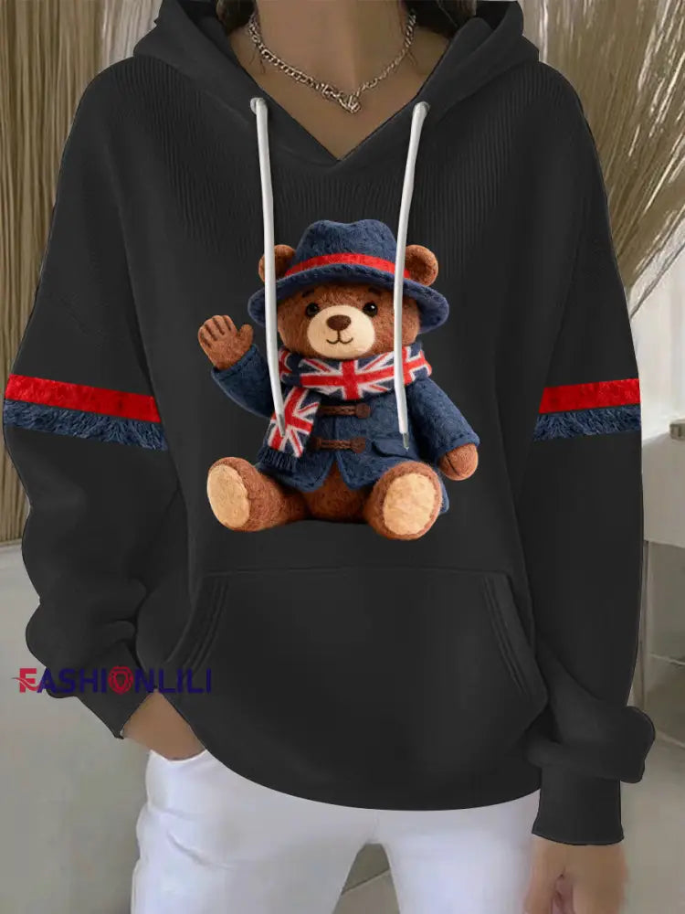 Women’s British style Print Casual Hoodie Black / S