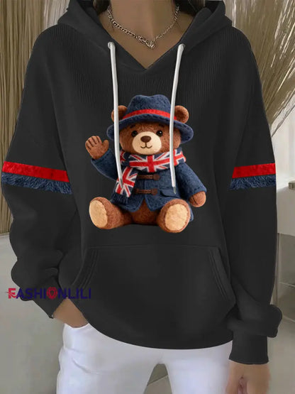 Women’s British style Print Casual Hoodie Black / S