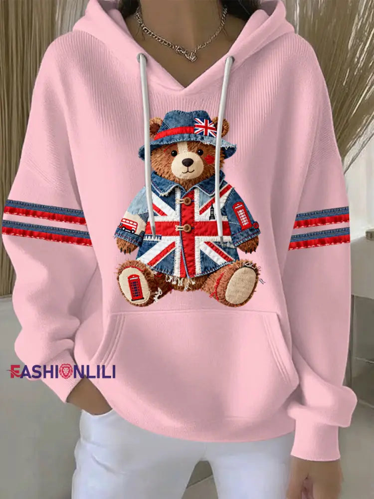 Women’s British style Print Casual Hoodie Pink / S