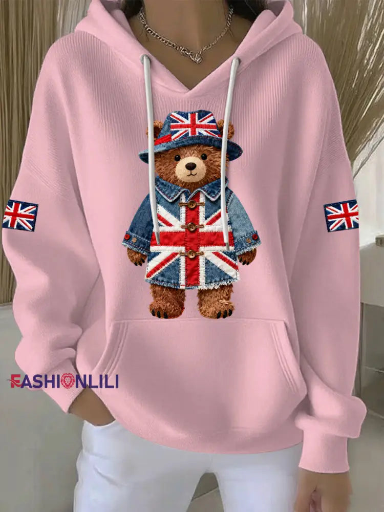 Women’s British style Print Casual Hoodie Pink / S