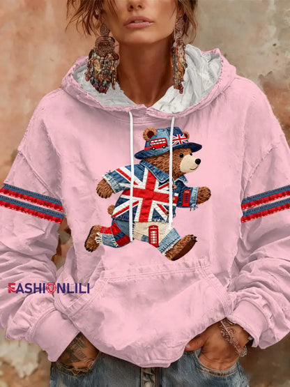 Women’s British style Print Casual Hoodie Pink / S