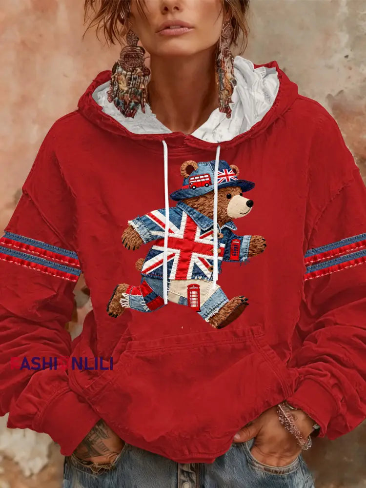 Women’s British style Print Casual Hoodie Red / S