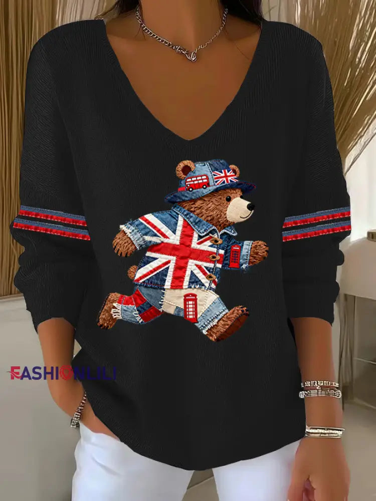 Women’s British style Printed Casual Top Black / S