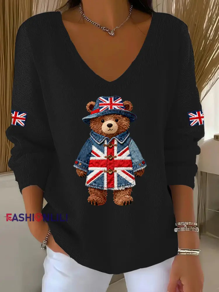 Women’s British style Printed Casual Top Black / S