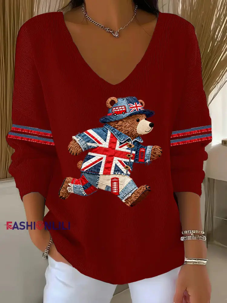 Women’s British style Printed Casual Top Red / S