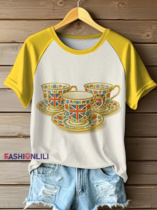 Women’s British Teacup Printed Vintage Fashion Loose Short Sleeve T-Shirt Yellow / S