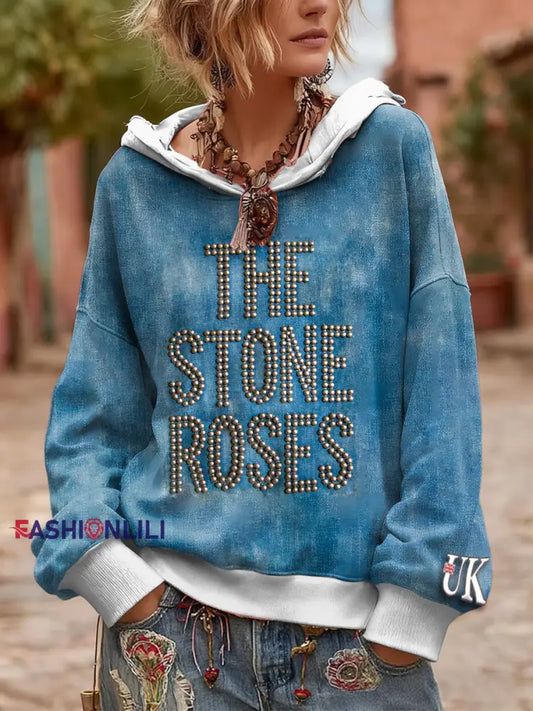 Women’s British The Stone Rose Imitation Denim Print Hooded Sweatshirt Blue / S
