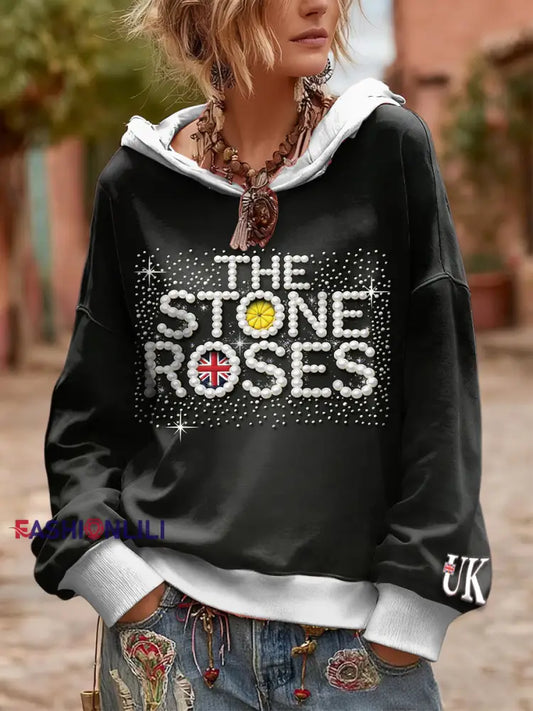 Women’s British The Stone Rose Pearl Print Black Hooded Sweatshirt Black / S