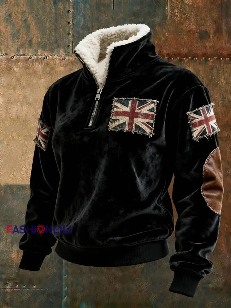 Women’s British vintage flag print Composite Fleece Hoodie Black / S
