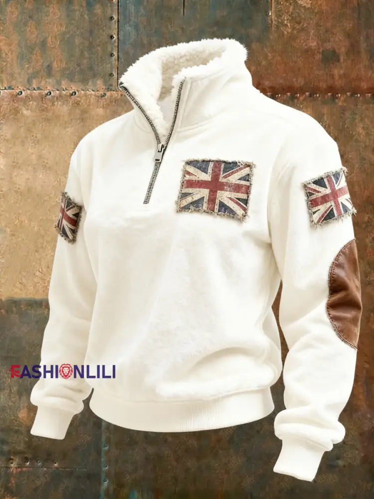 Women’s British vintage flag print Composite Fleece Hoodie White / S