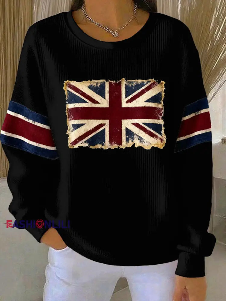 Women’s British vintage flag print Ribbed Round-Neck Sweatshirt Black / S