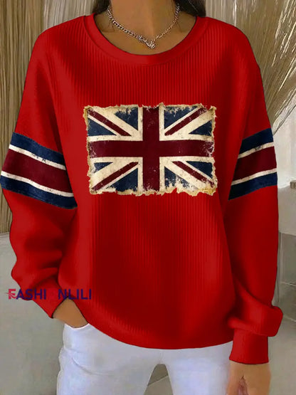 Women’s British vintage flag print Ribbed Round-Neck Sweatshirt Red / S