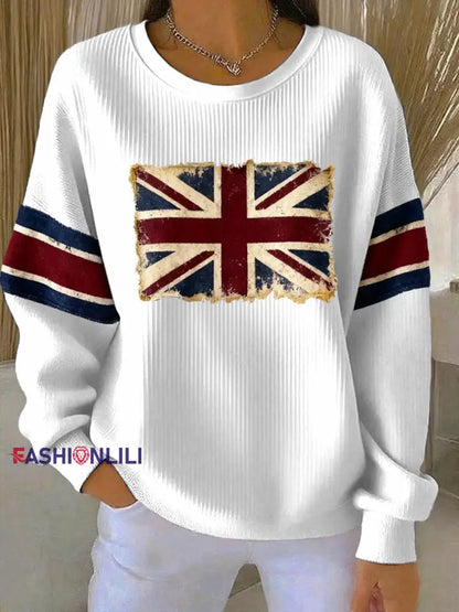 Women’s British vintage flag print Ribbed Round-Neck Sweatshirt White / S