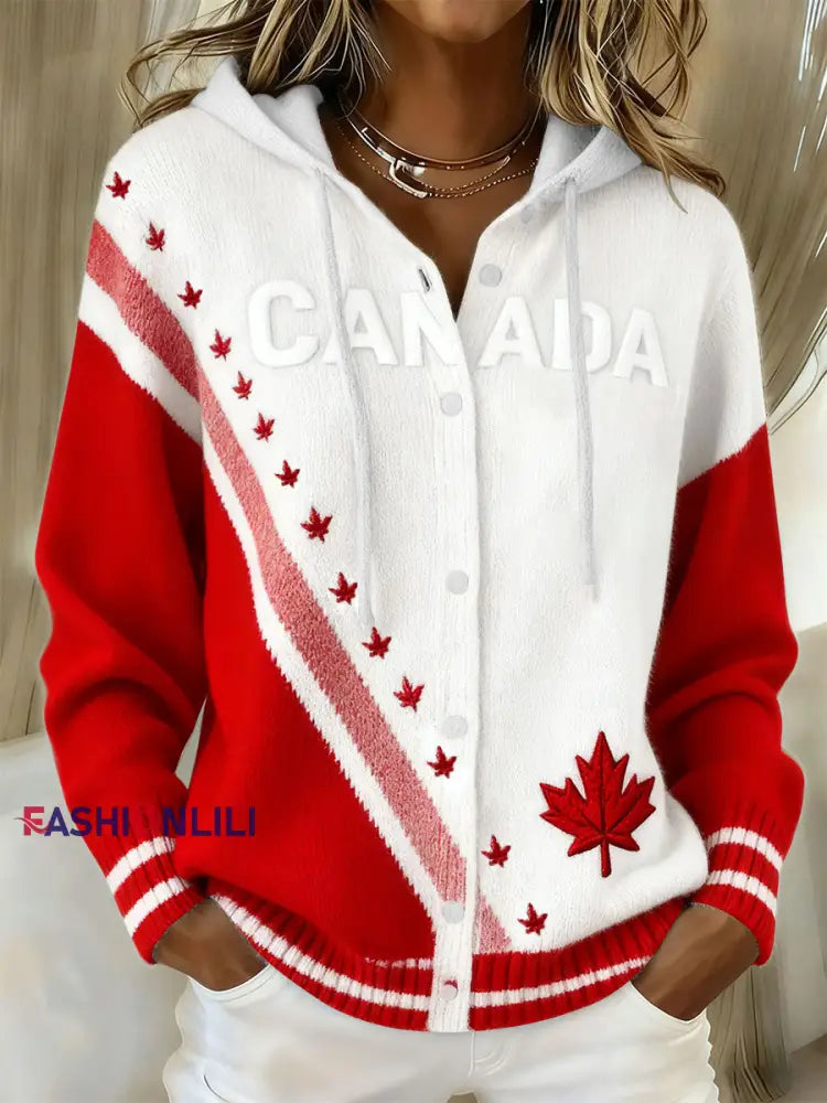 Women’s CANADA Maple Leaf Knit Hooded Cardigan Red / S