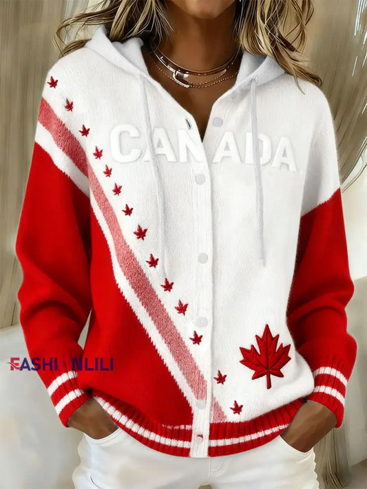 Women’s CANADA Maple Leaf Knit Hooded Cardigan Red / S