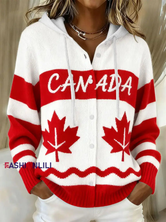 Women’s CANADA Maple Leaf Knit Hooded Cardigan Red / S