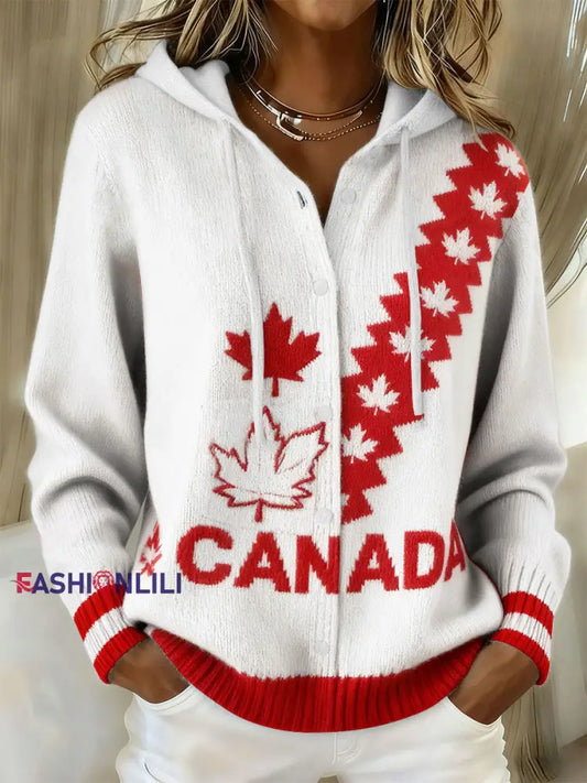 Women’s CANADA Maple Leaf Knit Hooded Cardigan White / S