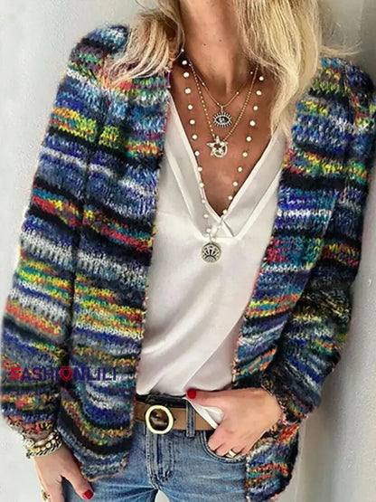 Women’s Casual Knitted Stripes Cardigan Blue / S