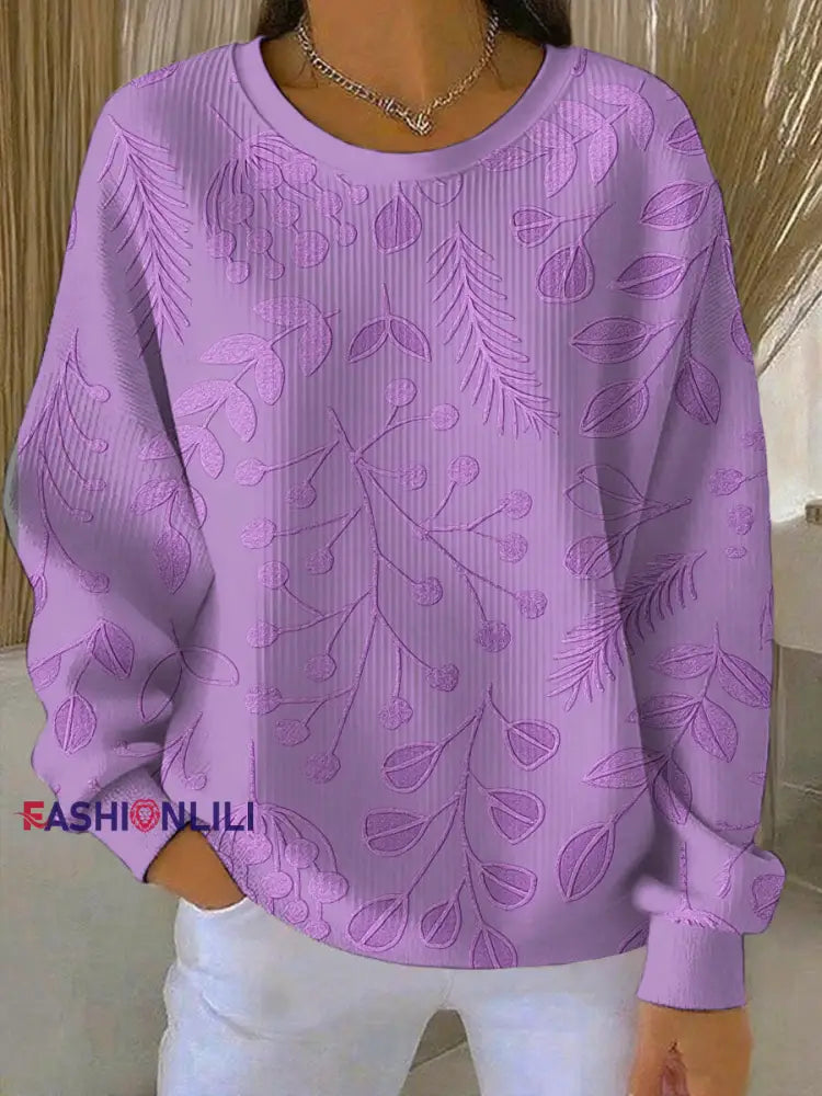 Women’s Casual Purple Floral Ribbed Round-Neck Sweatshirt As picture / S