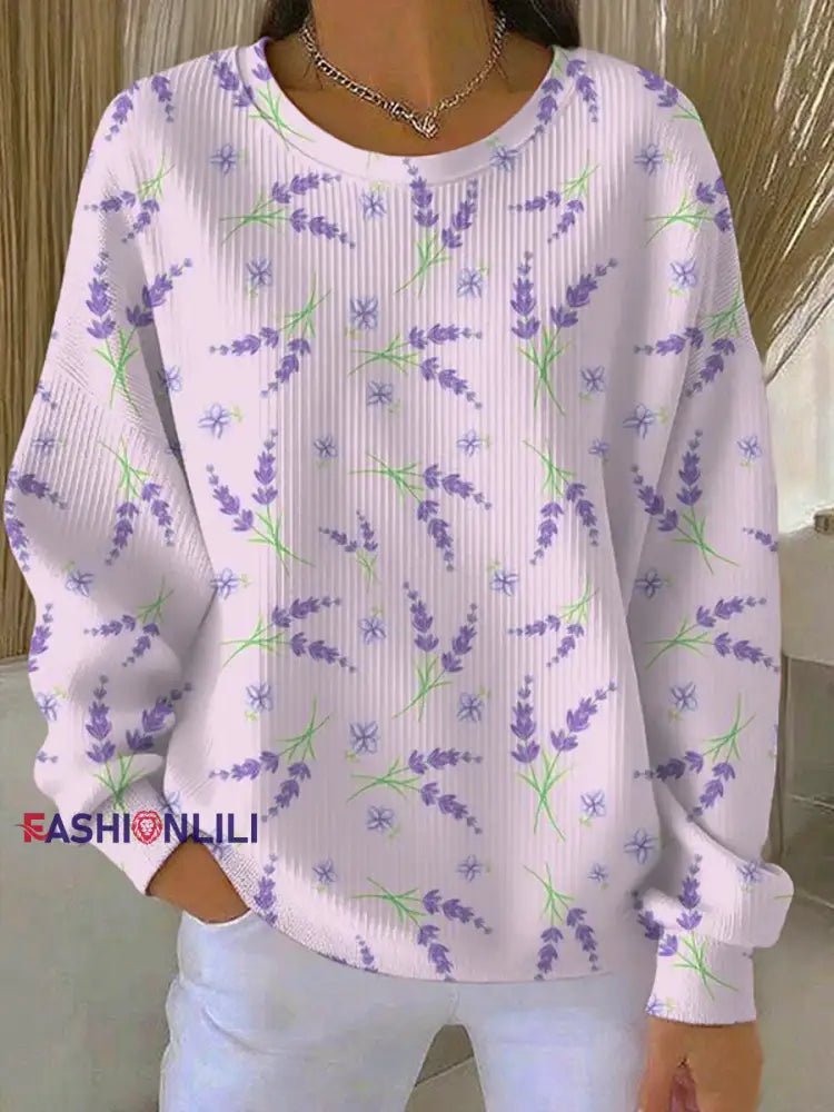 Women’s Casual Purple Floral Ribbed Round-Neck Sweatshirt Lavender / S