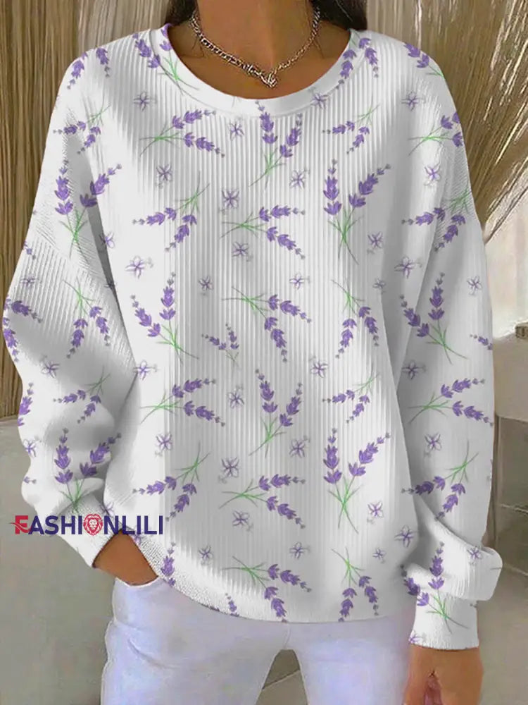 Women’s Casual Purple Floral Ribbed Round-Neck Sweatshirt White / S