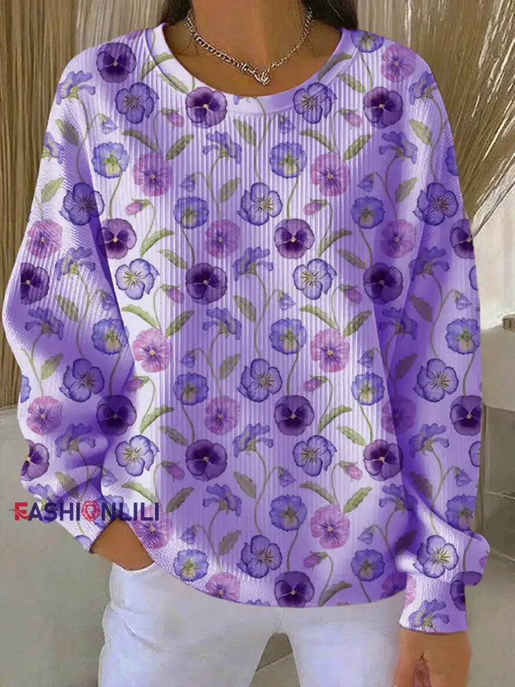 Women’s Casual Purple Floral Texture Ribbed Round-Neck Sweatshirt Purple / S