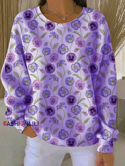 Women’s Casual Purple Floral Texture Ribbed Round-Neck Sweatshirt Purple / S