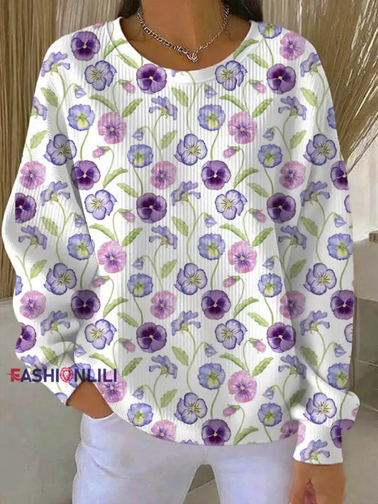 Women’s Casual Purple Floral Texture Ribbed Round-Neck Sweatshirt White / S