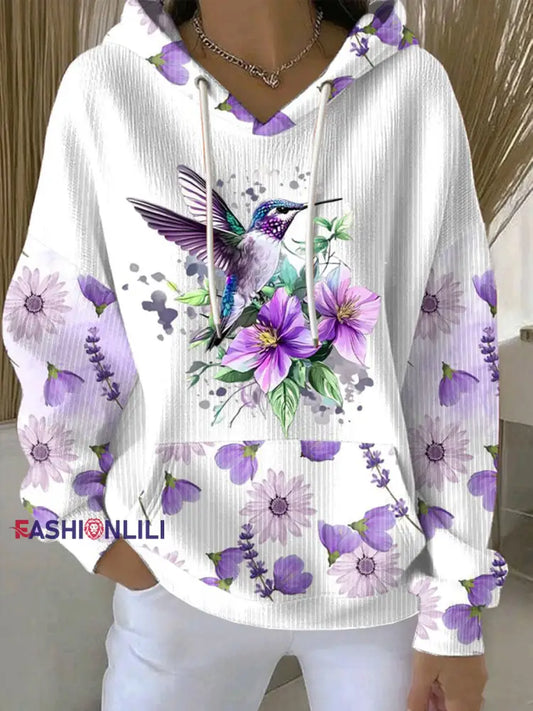 Women’s Casual Purple Hummingbird Textured Hoodie White / S