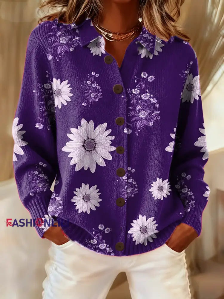 Women’s Casual Retro Purple Floral Cardigan Purple / S