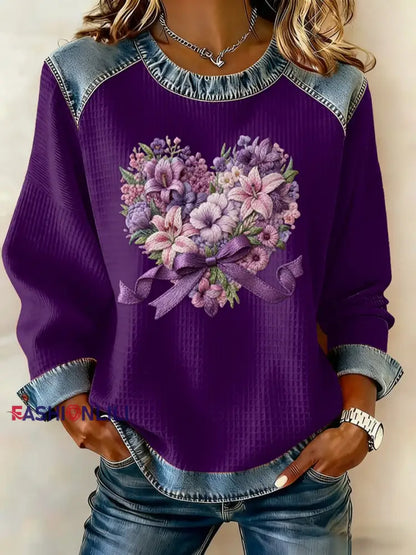 Women’s Casual Retro Purple Floral Waffle Top Purple / S