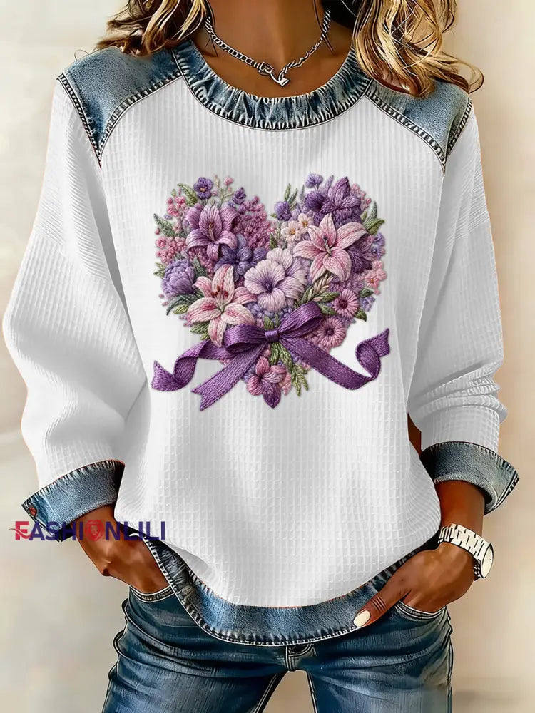 Women’s Casual Retro Purple Floral Waffle Top White / S