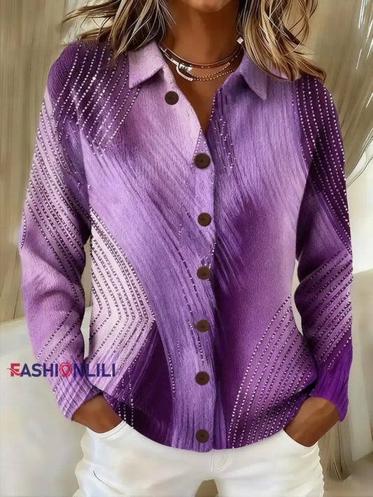 Women’s Casual Retro Purple Geometric Gradient Cardigan Purple / S