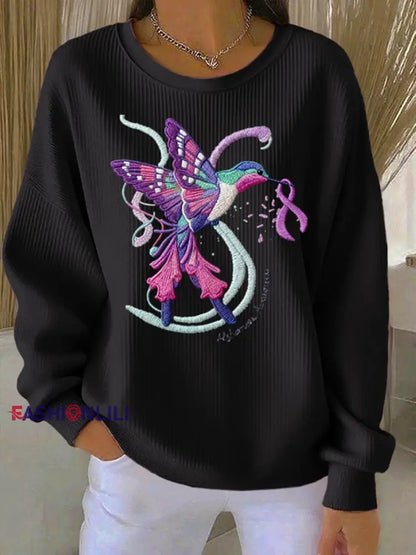Women’s Casual Retro Purple Hummingbird Alzheimer’s Textured Sweatshirt Black / S