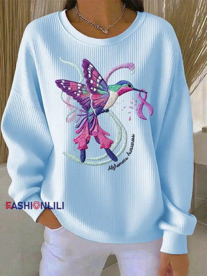 Women’s Casual Retro Purple Hummingbird Alzheimer’s Textured Sweatshirt Light Blue / S