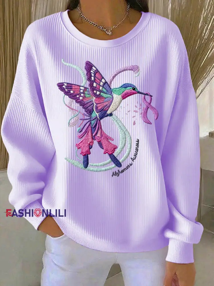 Women’s Casual Retro Purple Hummingbird Alzheimer’s Textured Sweatshirt Light Purple / S