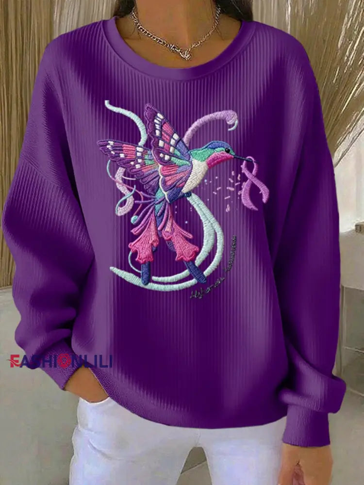 Women’s Casual Retro Purple Hummingbird Alzheimer’s Textured Sweatshirt Purple / S