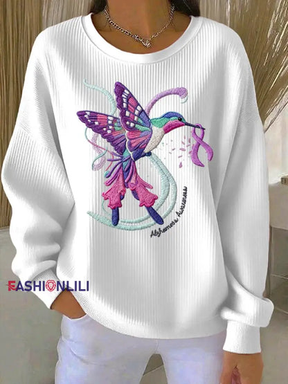 Women’s Casual Retro Purple Hummingbird Alzheimer’s Textured Sweatshirt White / S