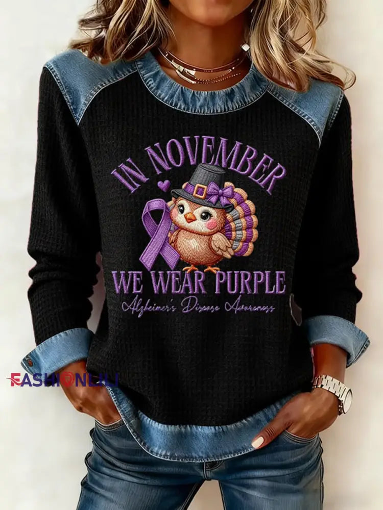 Women’s Casual Retro Style: Purple Waffle Knit Tops for November Black / S