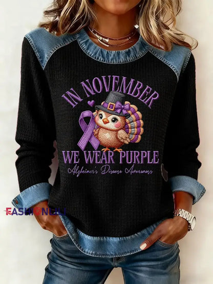 Women’s Casual Retro Style: Purple Waffle Knit Tops for November Black / S