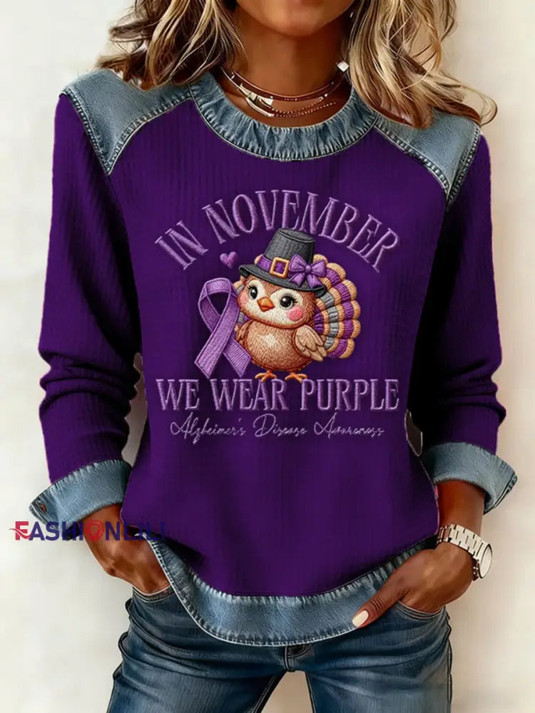 Women’s Casual Retro Style: Purple Waffle Knit Tops for November Purple / S